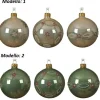 Pallina Sfera Di Vetro Decorata Verde E Crema 80Mm 6Pz Per Albero Di Natale