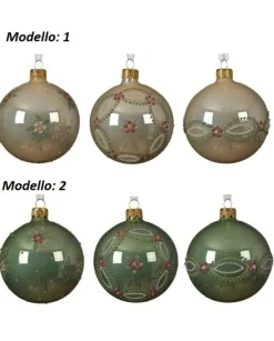 Pallina Sfera Di Vetro Decorata Verde E Crema 80Mm 6Pz Per Albero Di Natale