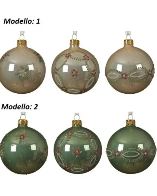 Pallina Sfera Di Vetro Decorata Verde E Crema 80Mm 6Pz Per Albero Di Natale