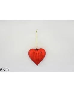 Pendente Di Vetro Cuore Rigato Rosso 9Cm Per Albero Di Natale