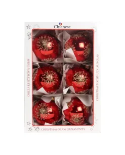 1Pz Pallina Di Vetro Decorata A Mano Rosso Lucido 80Mm
