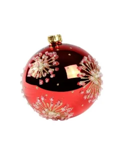 1Pz Pallina Di Vetro Decorata A Mano Rosso Lucido 80Mm